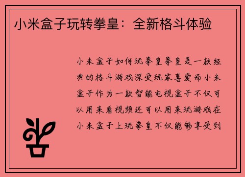 小米盒子玩转拳皇：全新格斗体验